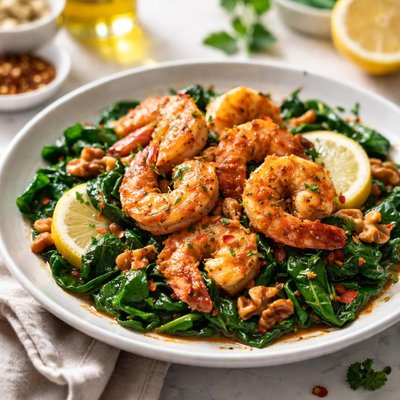 Image of Spicy Shrimp with Spinach and Walnuts