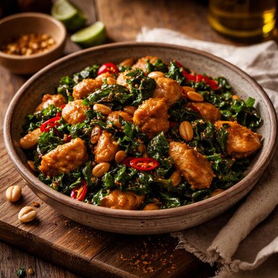 Image of Spicy Stir Fried Chicken with Greens and Peanuts