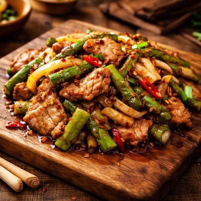 Image of Spicy Stir Fried Pork Asparagus and Onions with Lemon Grass