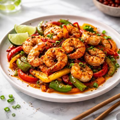 Image of Spicy Stir Fried Shrimp and Peppers