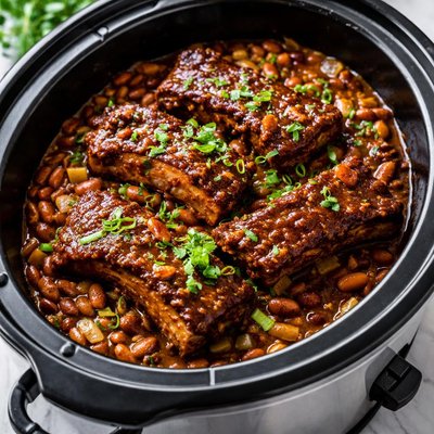 Image of Spicy Sweet Ribs and Beans Crock Pot