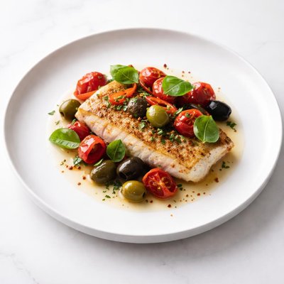 Image of Spicy Whitefish with Olives and Cherry Tomatoes