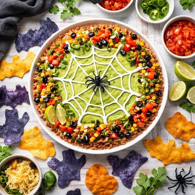 Image of Spider Web Dip with Spooky Tortilla Chips Optional