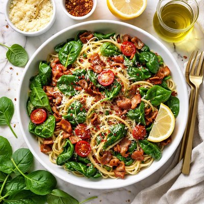 Image of Spinach and Bacon Noodle Toss