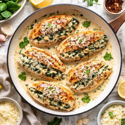 Image of Spinach and Boursin Stuffed Chicken with Alfredo Sauce