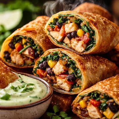 Image of Spinach and Chicken Southwestern Egg Rolls W Avocado Ranch Dip