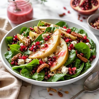 Image of Spinach and Pear Salad with Pomegranate Dressing