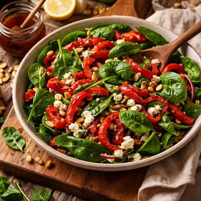 Image of Spinach and Roasted Red Pepper Salad with Honey Balsamic Dressin