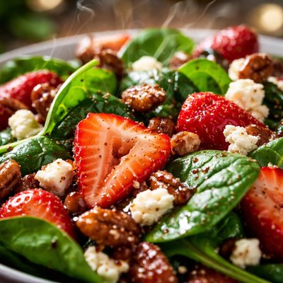 Image of Spinach and Strawberry Salad with Feta Cheese and Balsamic Vinai