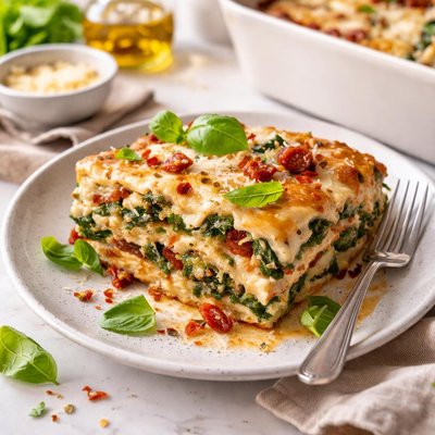 Image of Spinach and Sun Dried Tomato Bechamel Lasagna