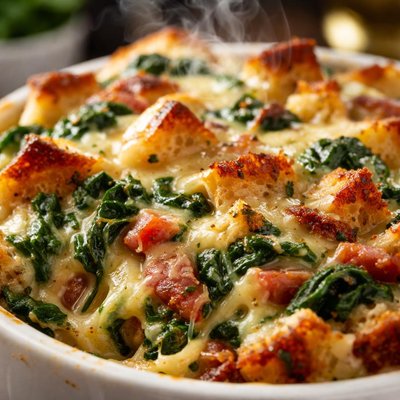 Image of Spinach and Tasso Bread Pudding with Gruyere Cheese
