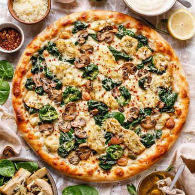 Image of Spinach Artichoke and Mushroom Alfredo Pizza