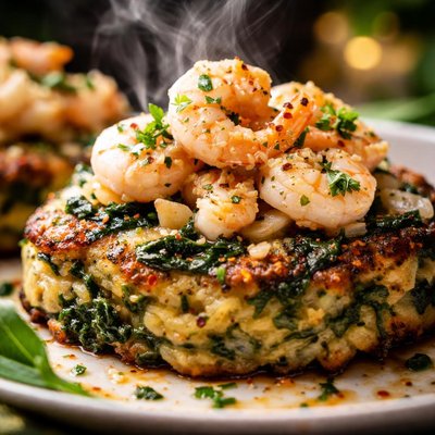 Image of Spinach Artichoke Potato Cakes with Shrimp Scampi
