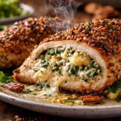 Image of Spinach Artichoke Stuffed Pecan Crusted Chicken Breasts