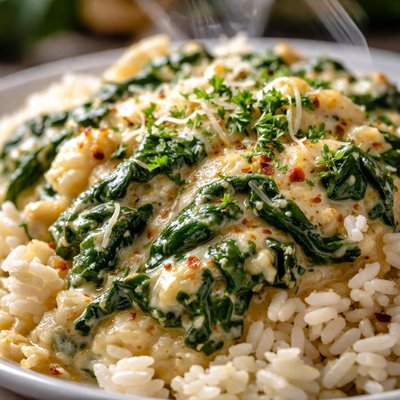 Image of Spinach Asiago Cheese Wine Sauce Over Rice