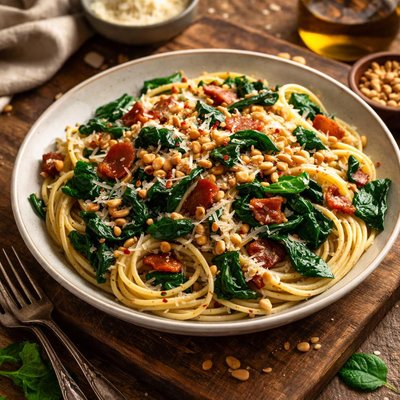 Image of Spinach Bacon and Pine Nut Pasta