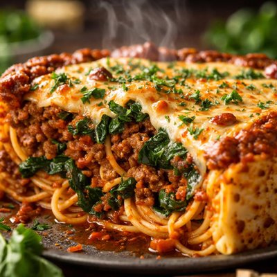Image of Spinach Beef Spaghetti Pie