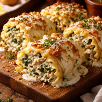 Image of Spinach Chicken Alfredo Lasagna Roll Ups