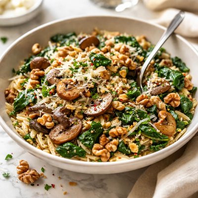Image of Spinach Mushroom Orzo with Toasted Walnuts