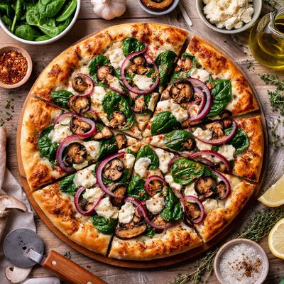 Image of Spinach Mushroom Red Onion and Goat Cheese Pizza