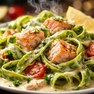 Image of Spinach Pasta with Salmon and Cream Sauce