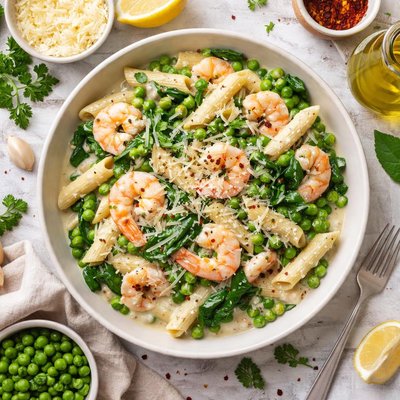 Image of Spinach Penne Peas and Shrimp in a Cream Sauce