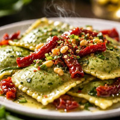 Image of Spinach Ravioli with Sun Dried Tomatoes and Pine Nut Salsa