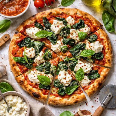 Image of Spinach Ricotta Pizza with Fresh Tomato Puree