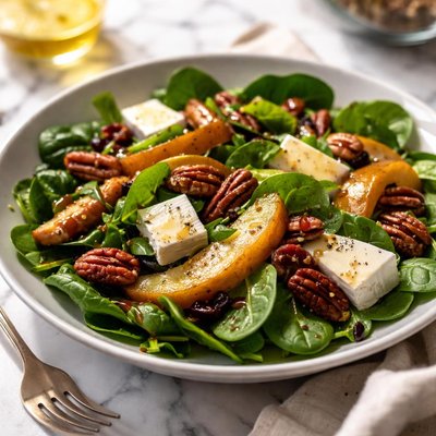 Image of Spinach Salad with Candied Pears Pecans and Brie