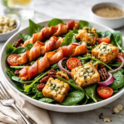 Image of Spinach Salad with Gorgonzola Croutons and Bacon Twists