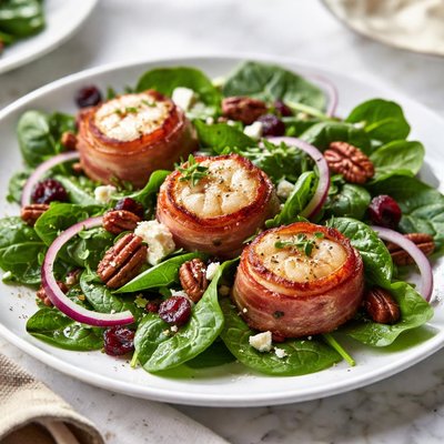 Image of Spinach Salad with Grilled Apple Cured Bacon Wrapped Sea Scallop