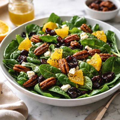 Image of Spinach Salad with Oranges Dried Cherries and Candied Pecans