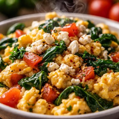 Image of Spinach Tomato Scrambled Egg with Feta Cheese