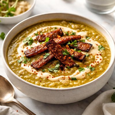 Image of Split Pea Soup with Tempeh Bacon and Chipotle Cream