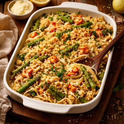 Image of Spring Casserole of Crab Asparagus and Spaghetti