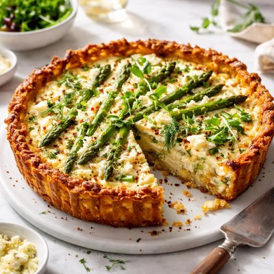 Image of Spring Hash Brown Quiche with Asparagus and Goat Cheese