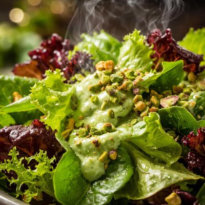 Image of Spring Lettuces with Avocado Dressing and Pistachios