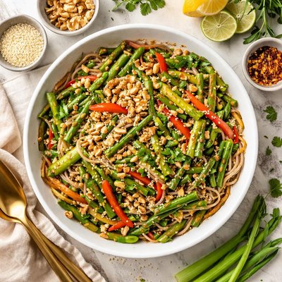 Image of Spring Noodle Stir Fry with Asparagus and Walnuts