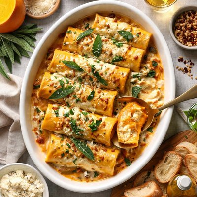 Image of Squash Stuffed Cannelloni with Roasted Shallot Sauce