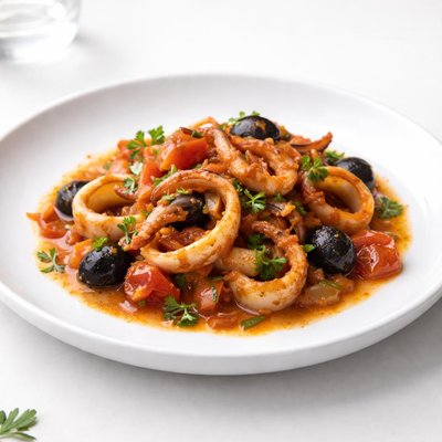 Image of Squid Stewed with Tomatoes White Wine and Black Olives