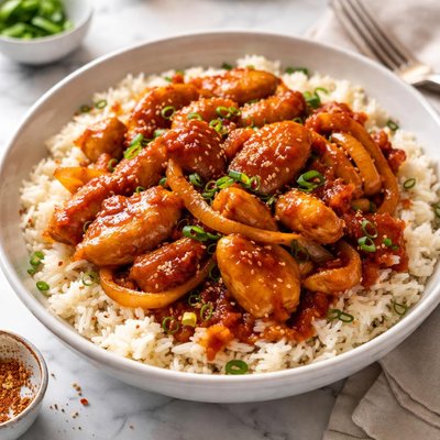 Image of Sriracha Glazed Chicken and Onions Over Long Grain Rice