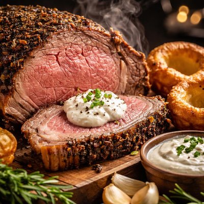 Image of Standing Rib Roast with Horseradish Sauce and Yorkshire Pudding