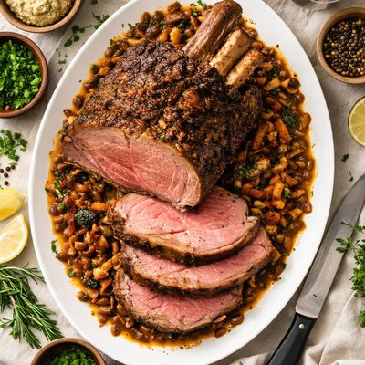 Image of Standing Rib Roast with Porcini and Bacon Sauce