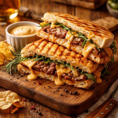 Image of Steak and Havarti Panini with My Secret Sauce