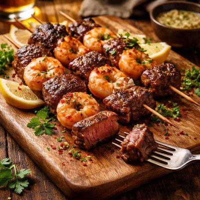 Image of Steak and Shrimp Skewers with a Bite