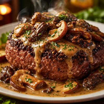 Image of Steak Au Poivre with Wild Mushroom and Bourbon Sauce