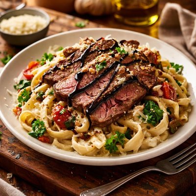 Image of Steak Gorgonzola Alfredo with Reduced Balsamic Copycat Olive Ga
