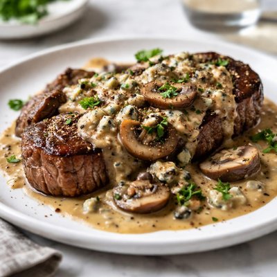 Image of Steak in Mushroom and Blue Cheese Sauce