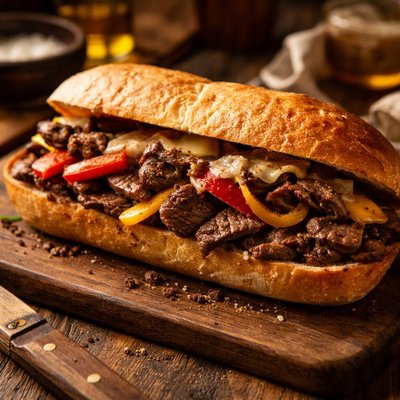 Image of Steak Mushrooms and Bell Pepper Sandwich