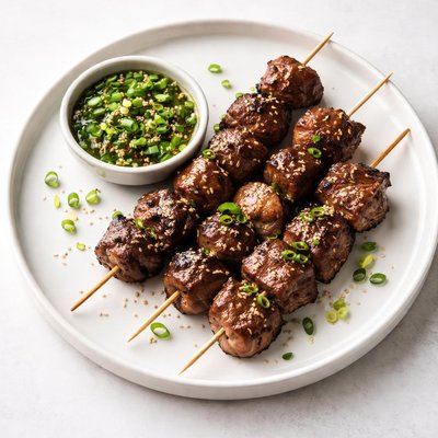 Image of Steak Skewers with Scallion Dipping Sauce